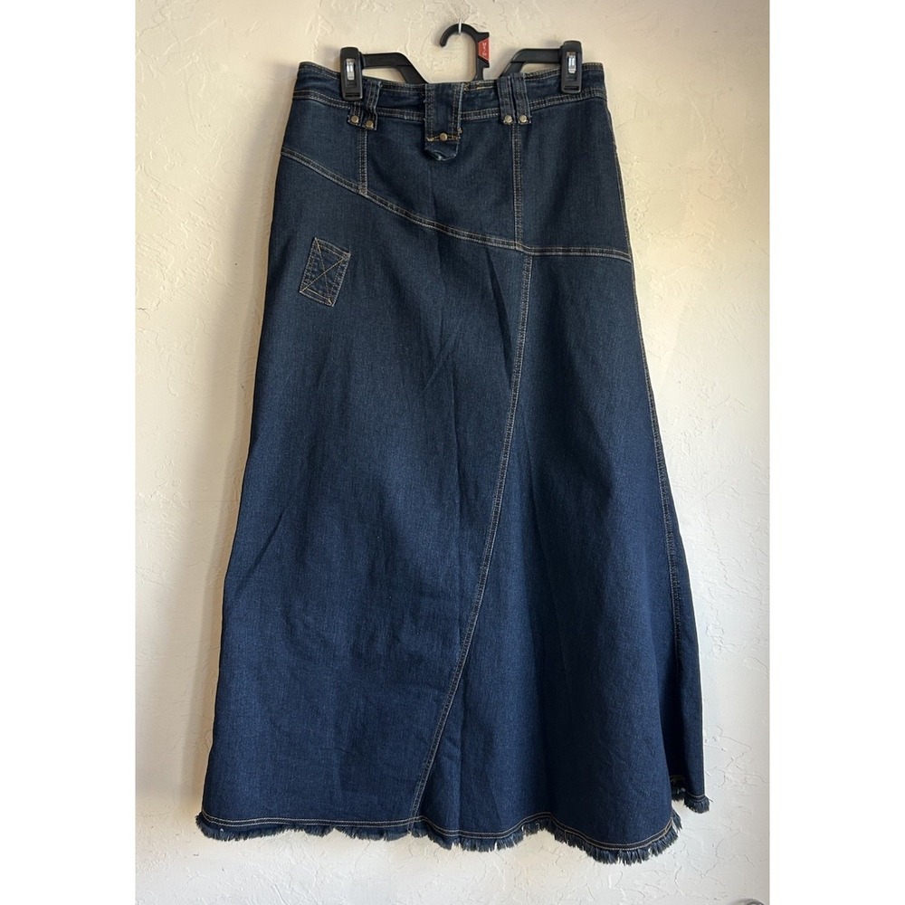 Y2K Denim Maxi Skirt 30 Raw Hem Pockets Grunge 2000s Edgy Streetwear Dark Wash - Picture 5 of 10